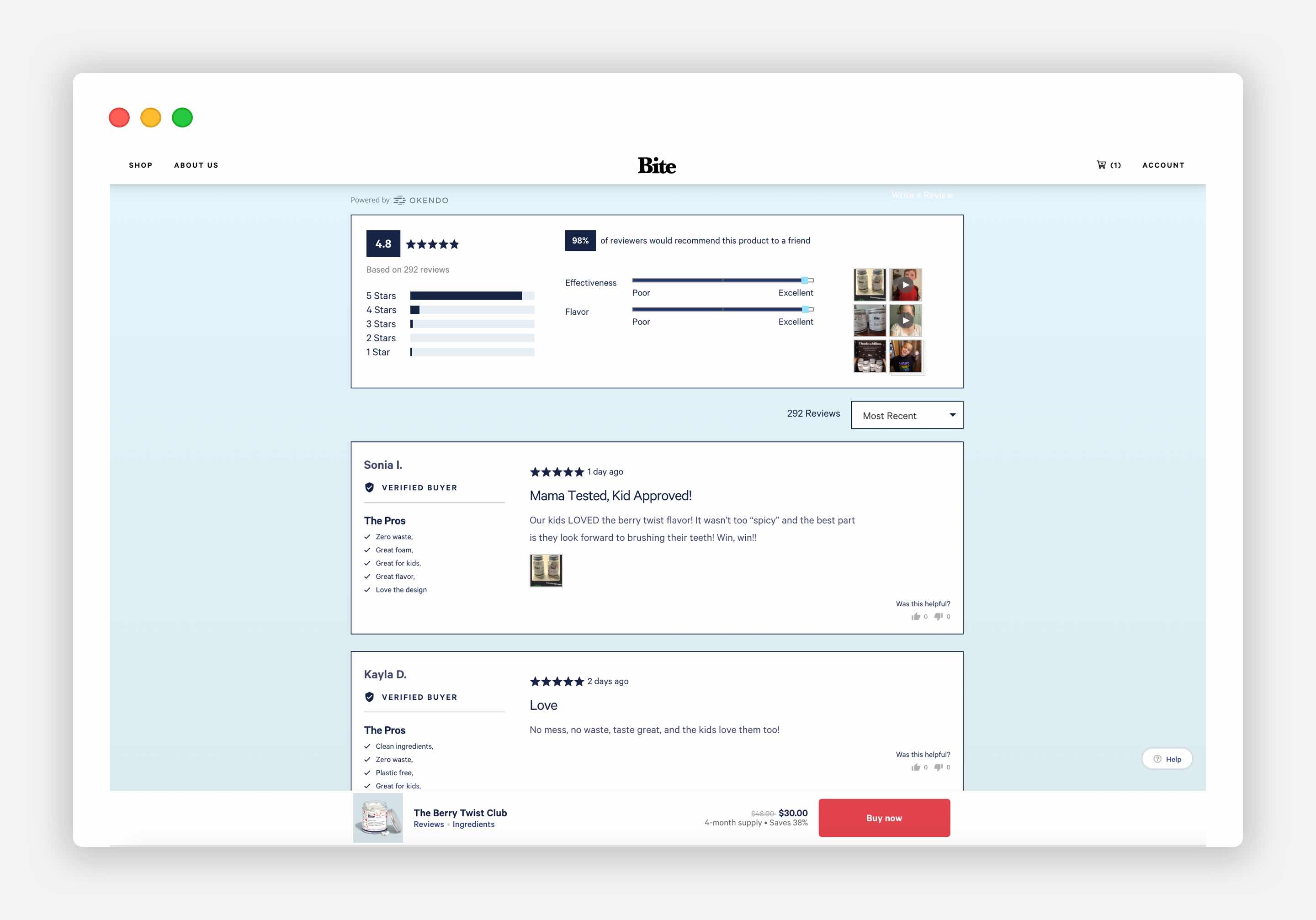 Customer Reviews on the product page. The Bite example